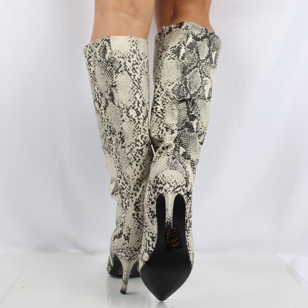 Size 6.5 Stone Black Snake Pointy Toe Knee High Stiletto He - Picture 3 of 6